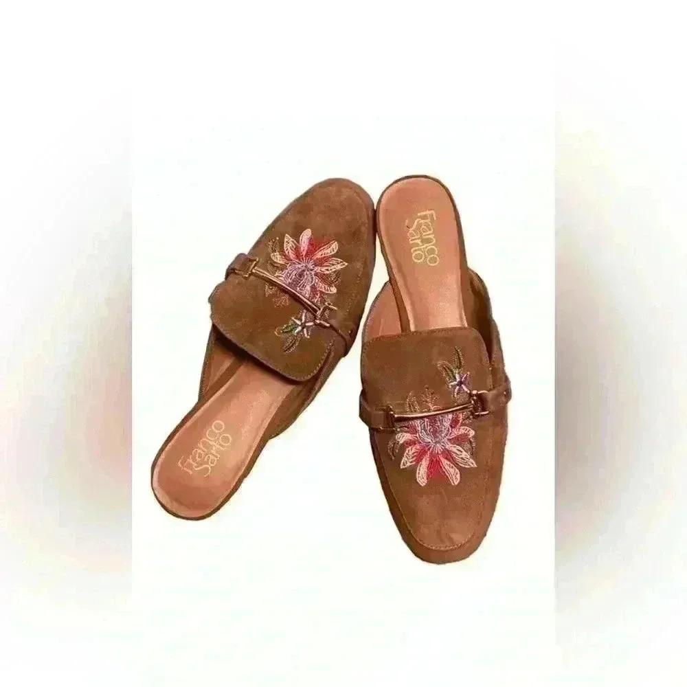 Franco Sarto Embroidered Suede Slides, Size 8.5